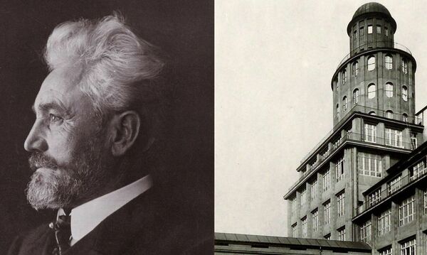 Ein zweigeteilets Bild: Links das Konterfei Heinrich Ernemanns. Er hat einen weißen vollen Haarschopf und einen grauen gestutzen Vollbart. Rechts ein historisches Bild vom Ernemannturm.. 